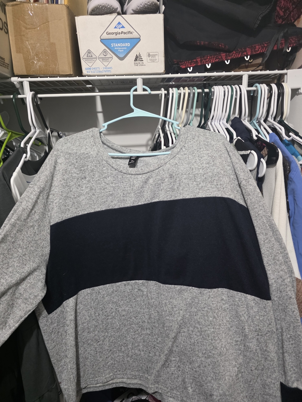 SHEIN Gray Crewneck Sweater with Navy Chest Stripe